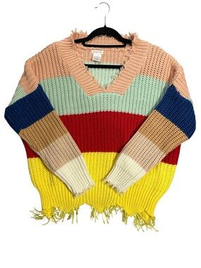 Main Strip Distressed Frayed Raw Hem Colorblock Chunky Knit Sweater Size L